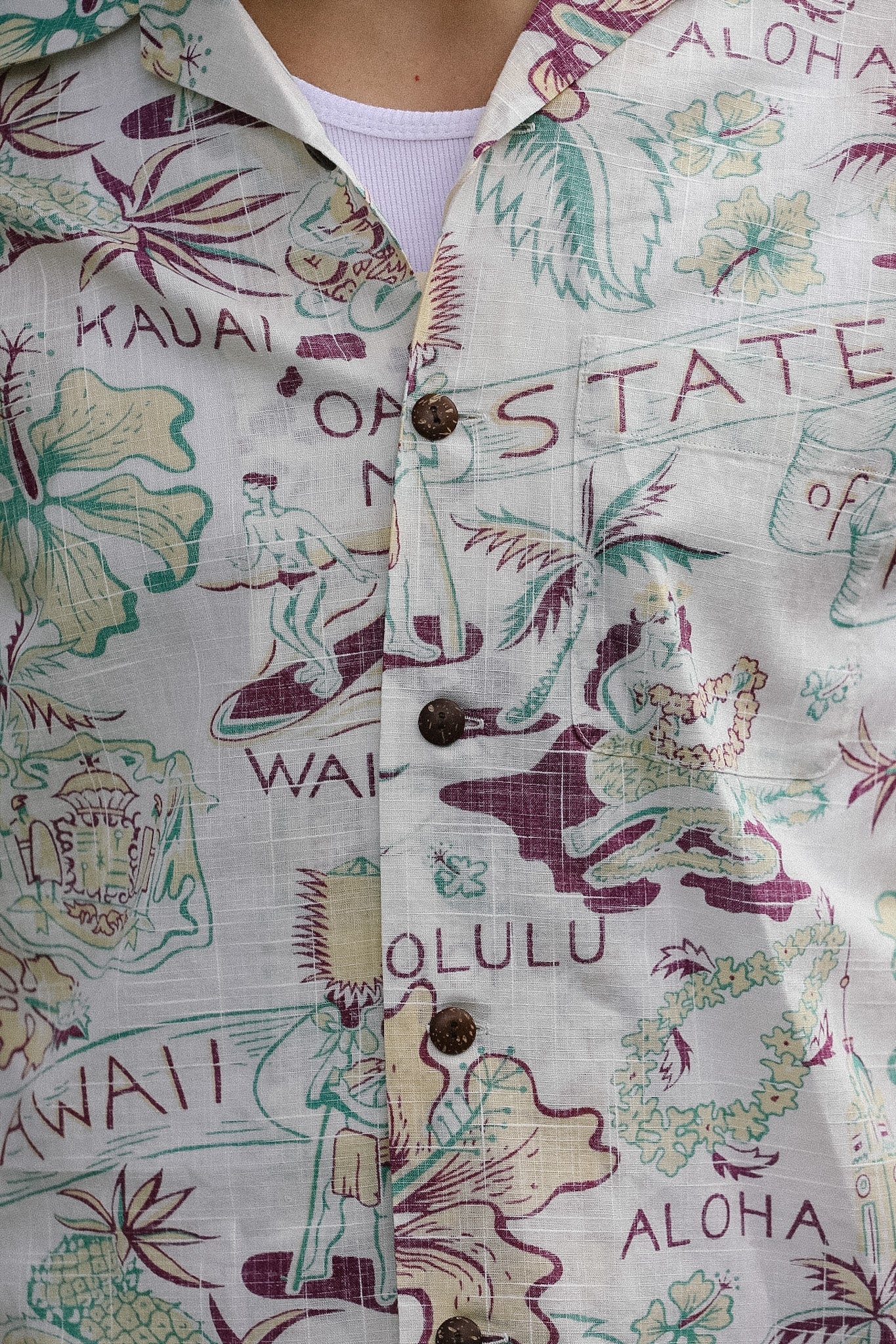 Hawaiian shirt with floral and text design on a white background