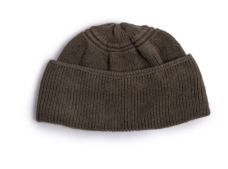 Brown knit beanie on a white background