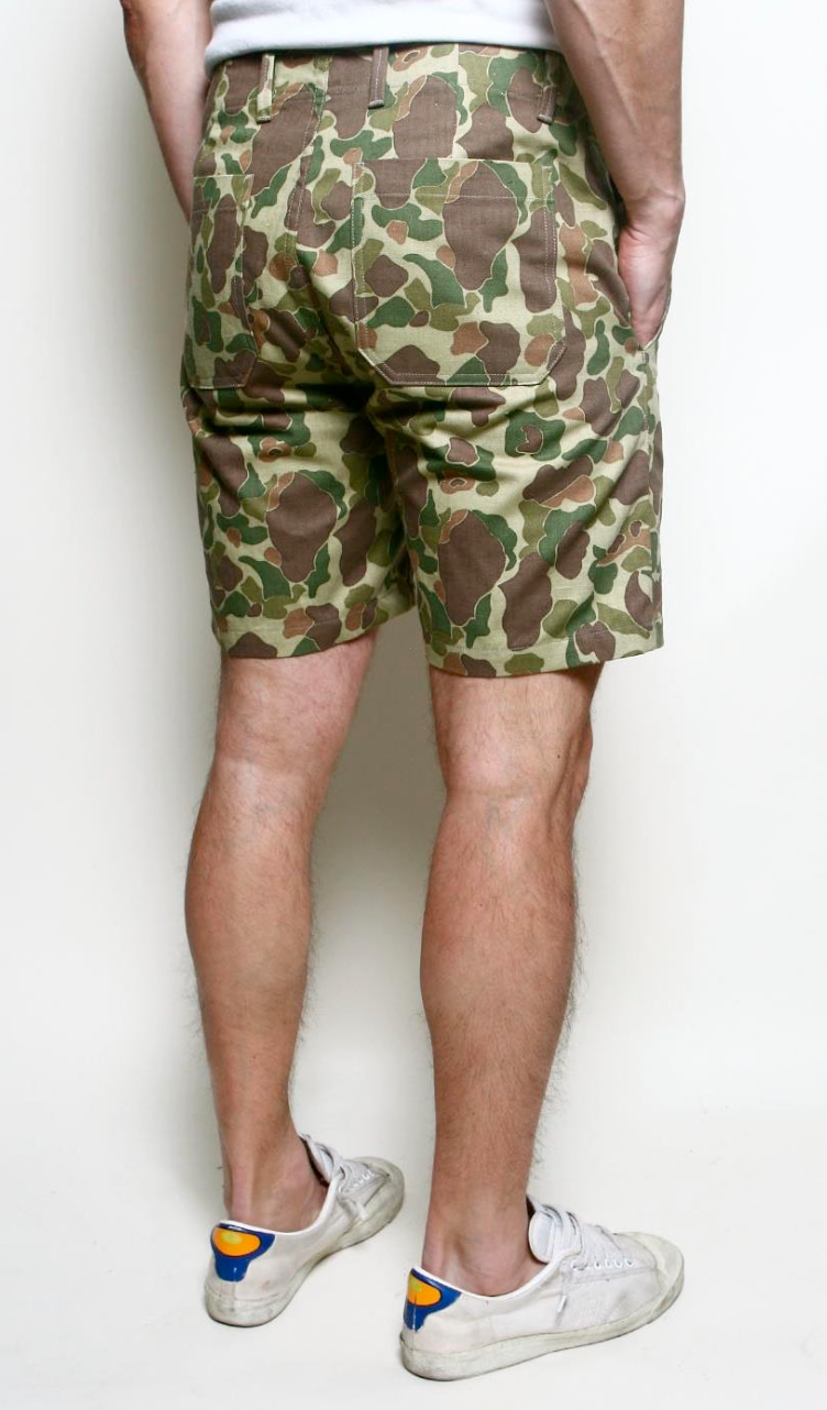 Person wearing camouflage shorts on a plain background