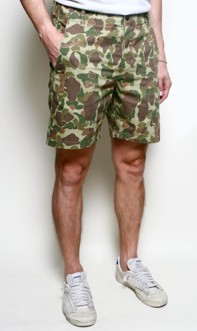 Person wearing camouflage shorts on a plain background