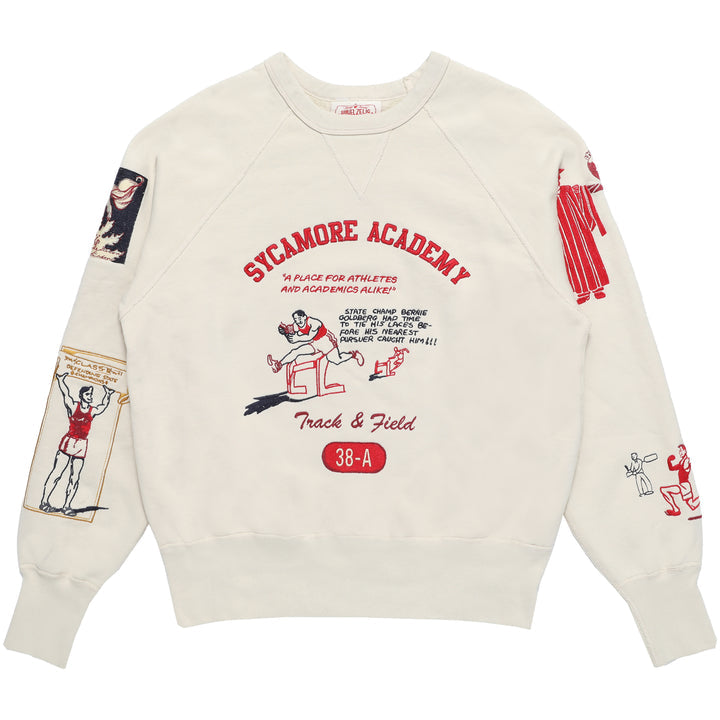 Vintage-style white varsity crewneck sweatshirt with Sycamore Academy Track & Field graphics and athletic illustrations