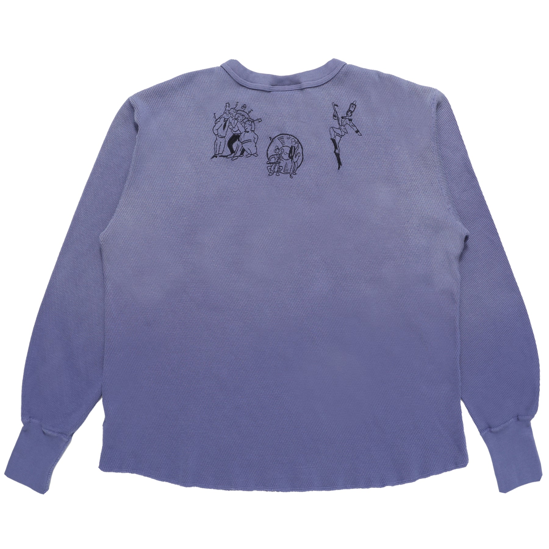 Back view of a blue thermal long-sleeve shirt with black embroidered figures on upper back