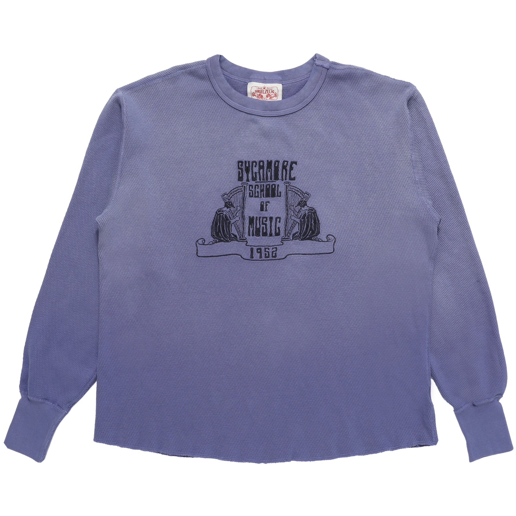 Purple vintage thermal long sleeve shirt with Sycamore School of Music 1952 graphic front