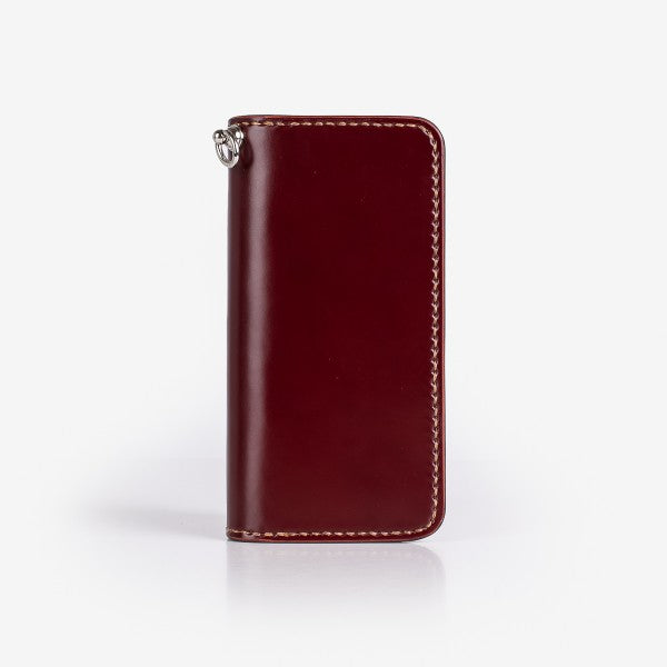 Brown leather zippered key case with white stitching on white background from Iron Shop Provisions