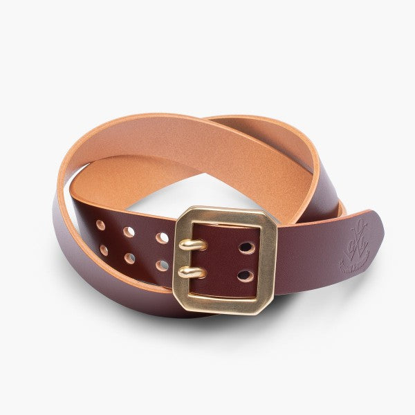 Crafted brown leather belt with brass double-prong buckle from Iron Shop Provisions