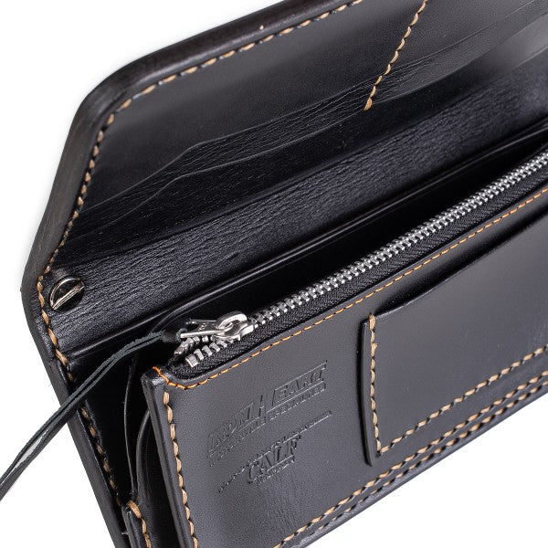 Black leather wallet with zipper pocket and detailed orange stitching, high-quality craftsmanship