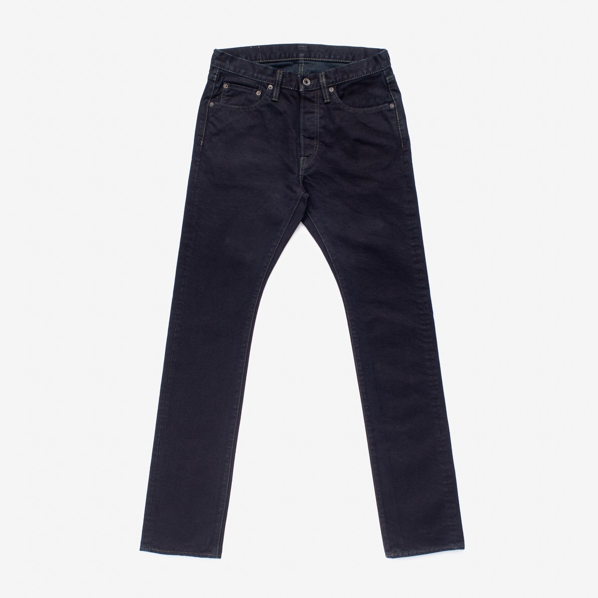 Iron Shop Provisions black slim-fit jeans laid flat on white background with button and pockets