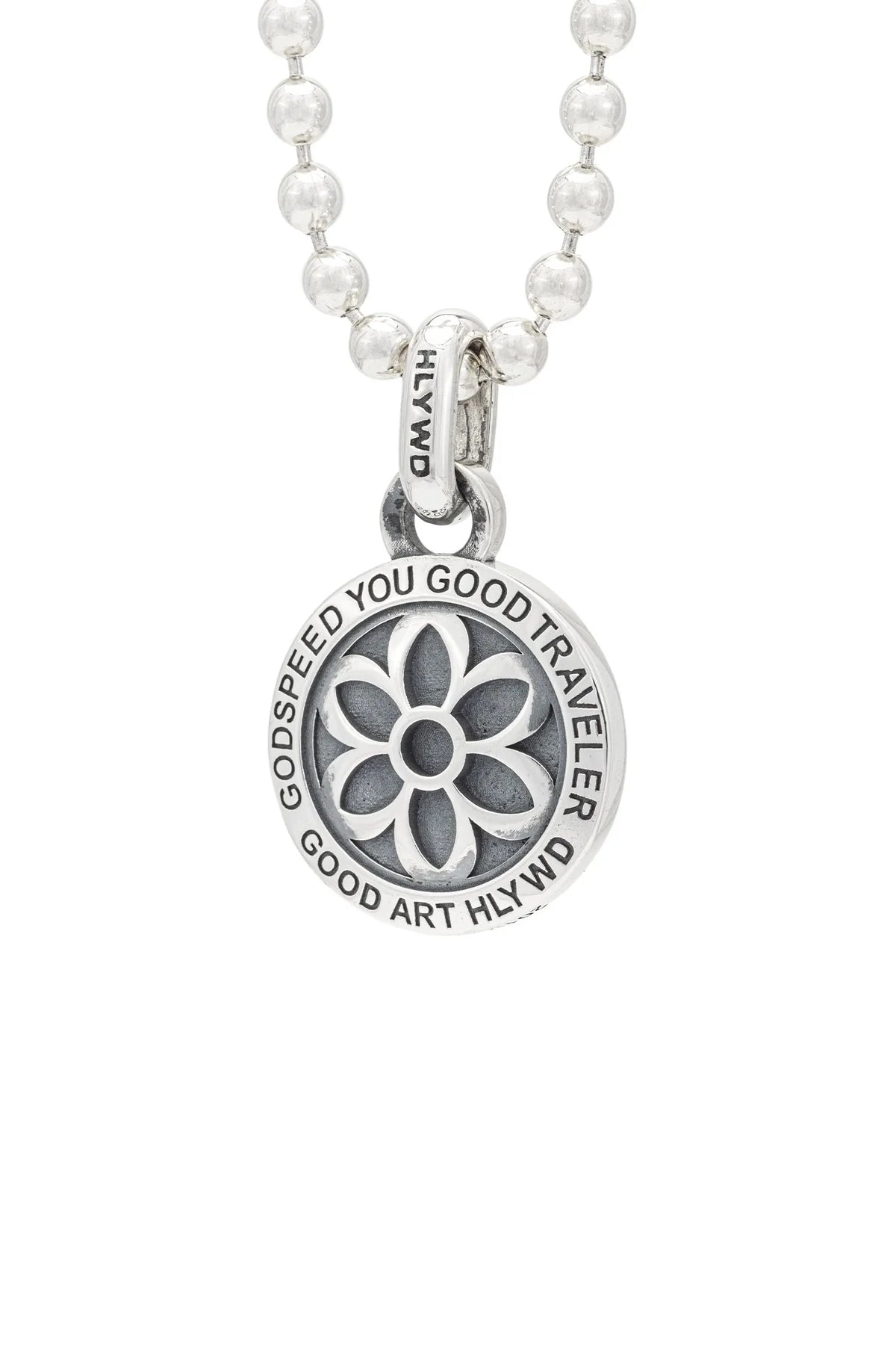 Silver pendant necklace with flower design and engraved text on circle pendant from Iron Shop Provisions