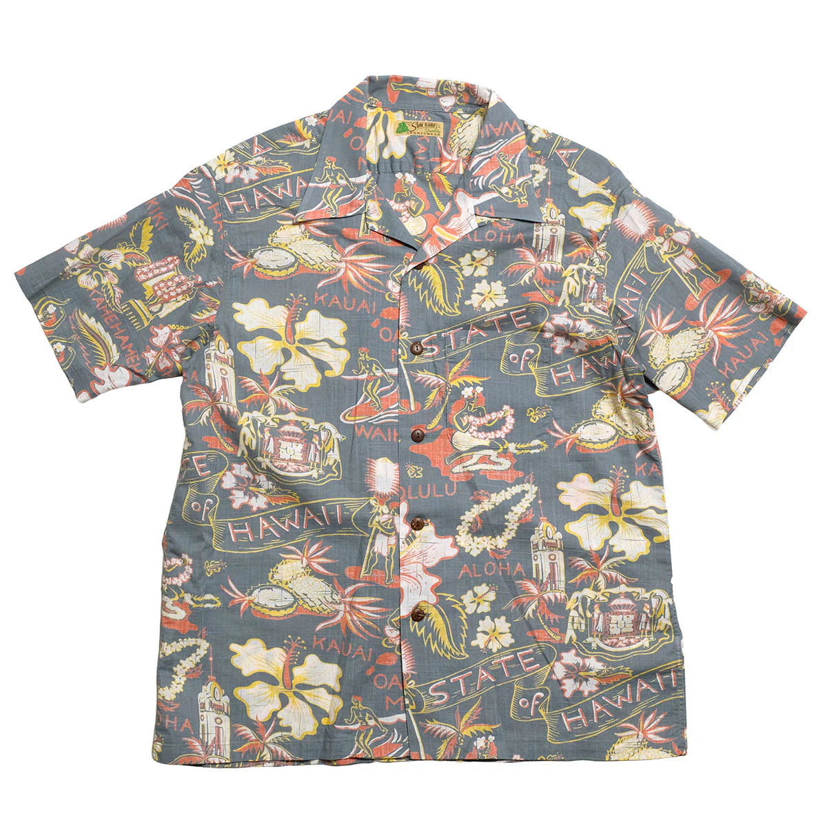 Hawaiian shirt with colorful graphics on a white background
