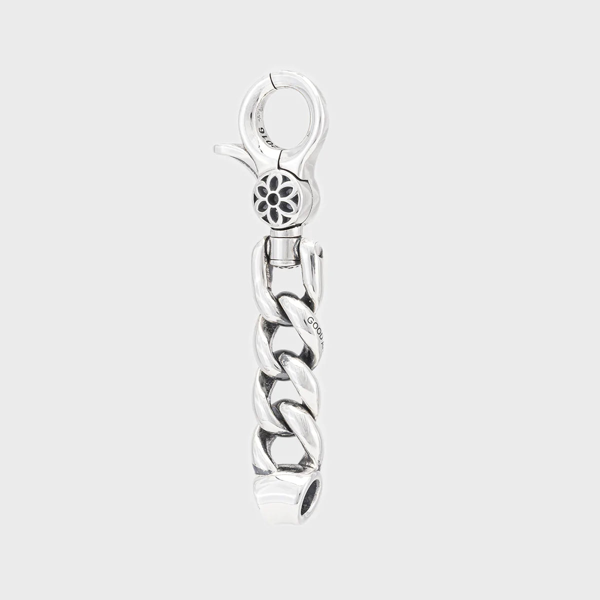 Silver keychain clip with a floral design on clasp and chunky chain link from Iron Shop Provisions