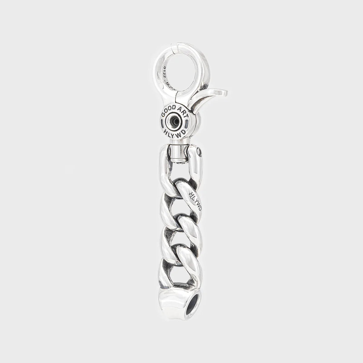 Silver chain link keychain clip with engraved Good Art Hlywd logo on clasp and links