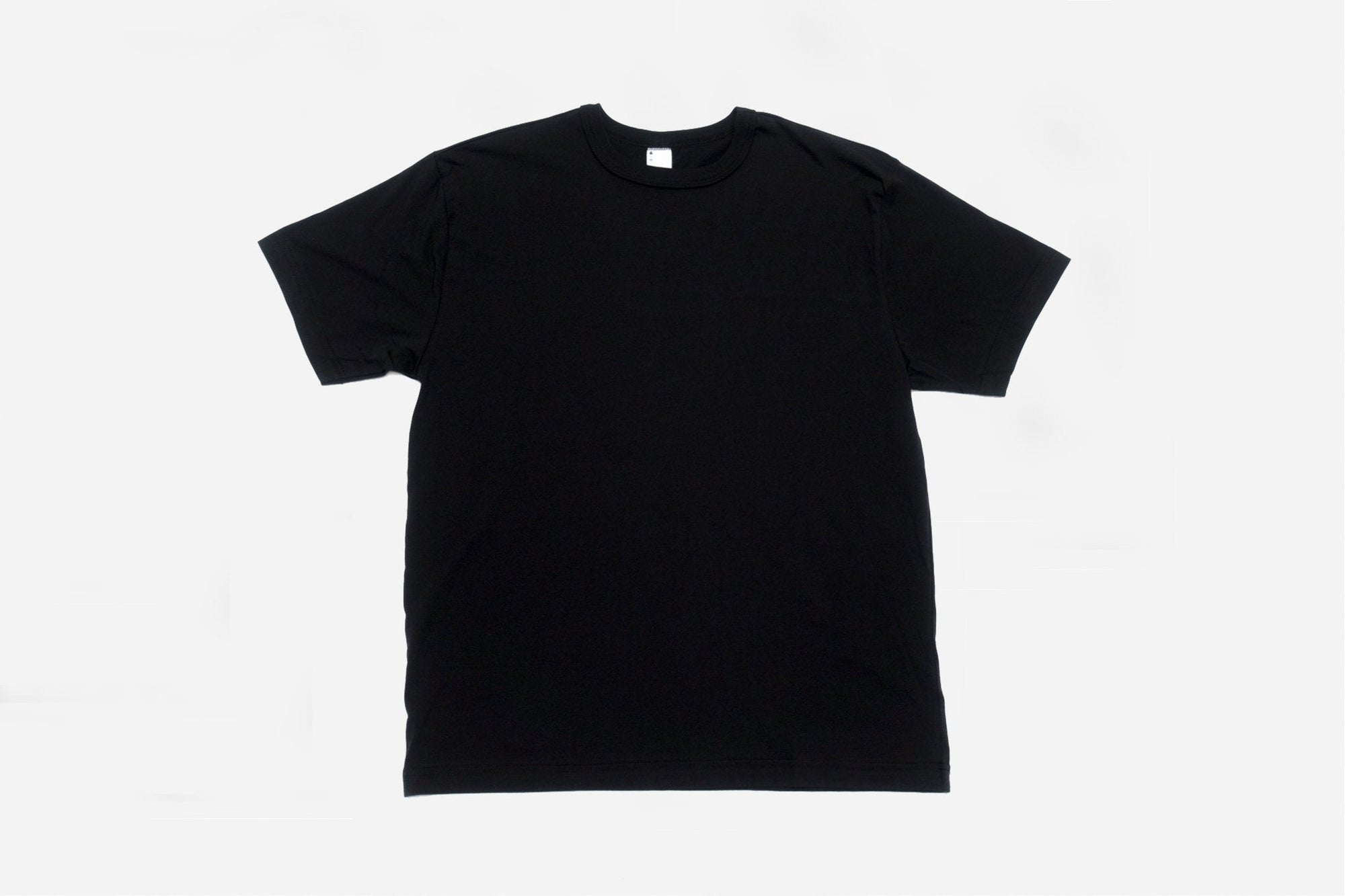 Black plain short-sleeve crew neck T-shirt laid flat on white background