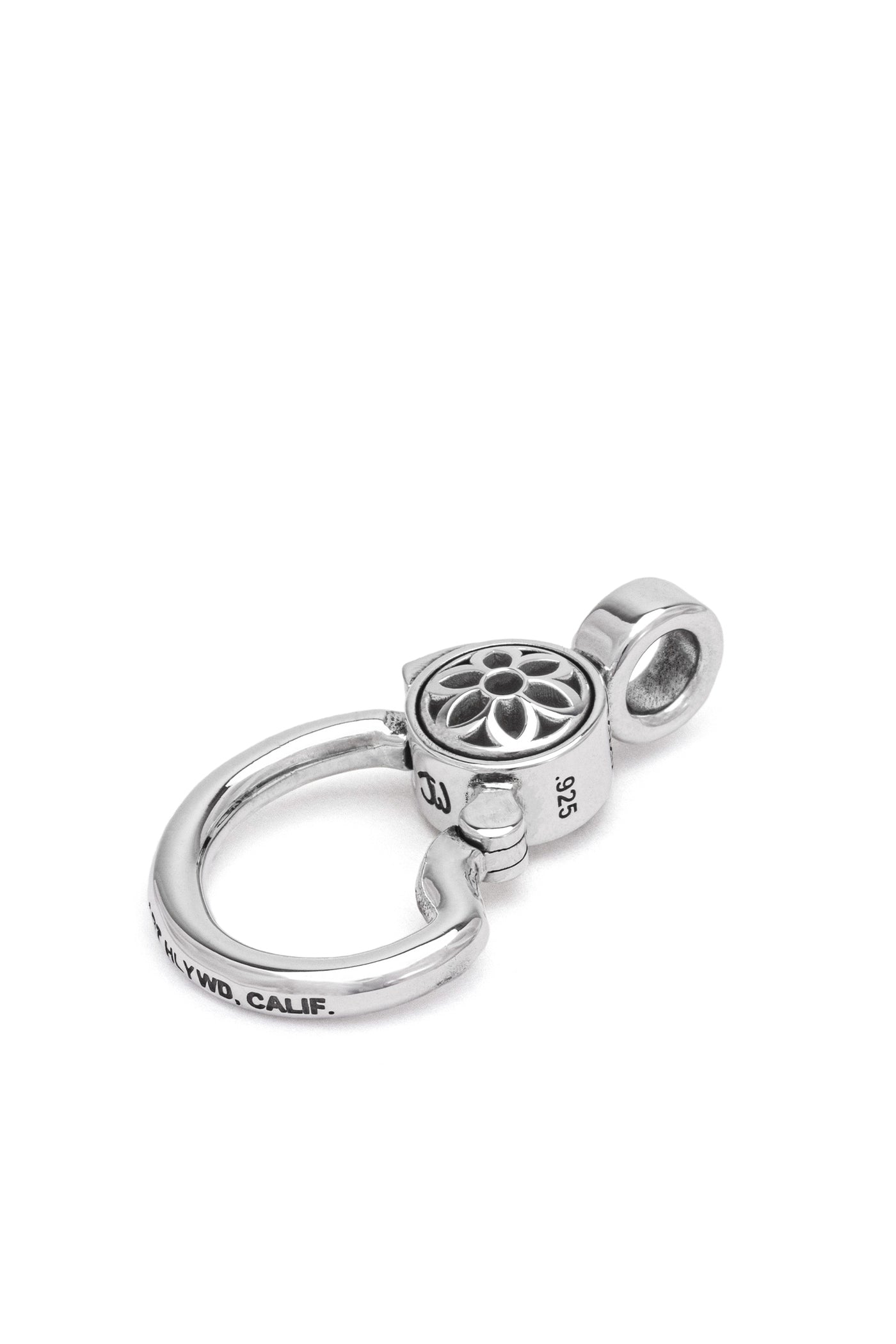 Silver metal clip keyring with floral design and engraved text including .925 hallmark