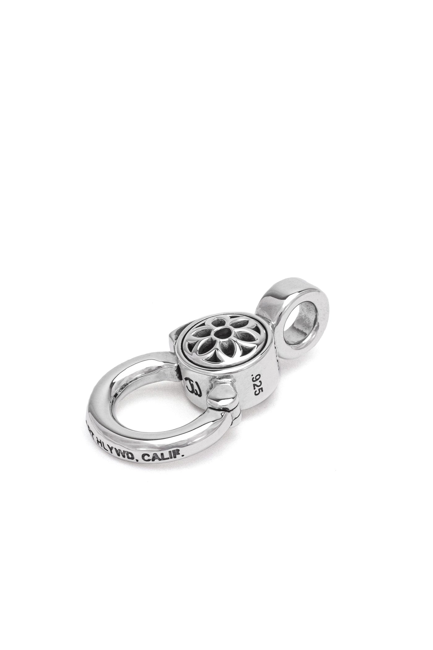 Sterling silver clip with floral cutout design and engraved text from Iron Shop Provisions