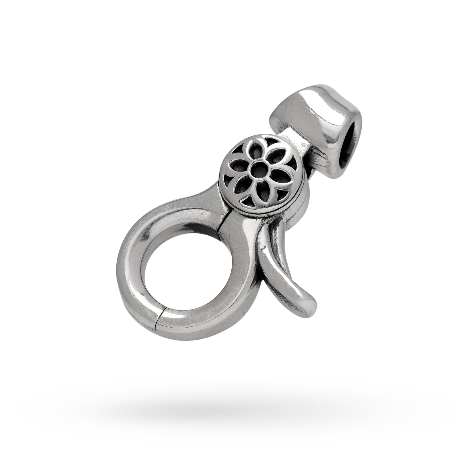 Polished metal swivel clip with floral cutout design, suitable for keychains or accessories