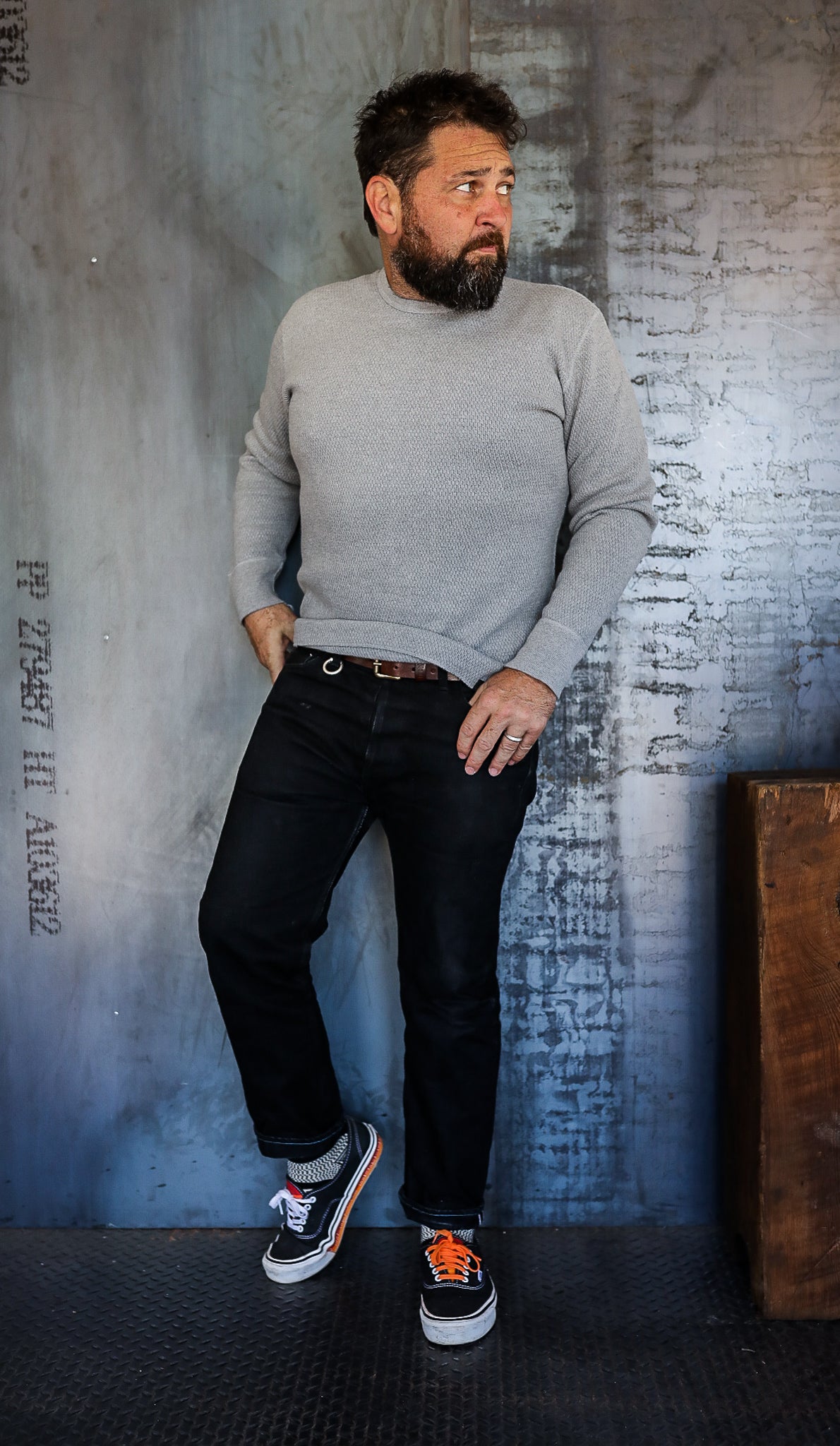 1700 Cotton Knit Crew Neck Long Sleeved Thermal Sweater - Grey