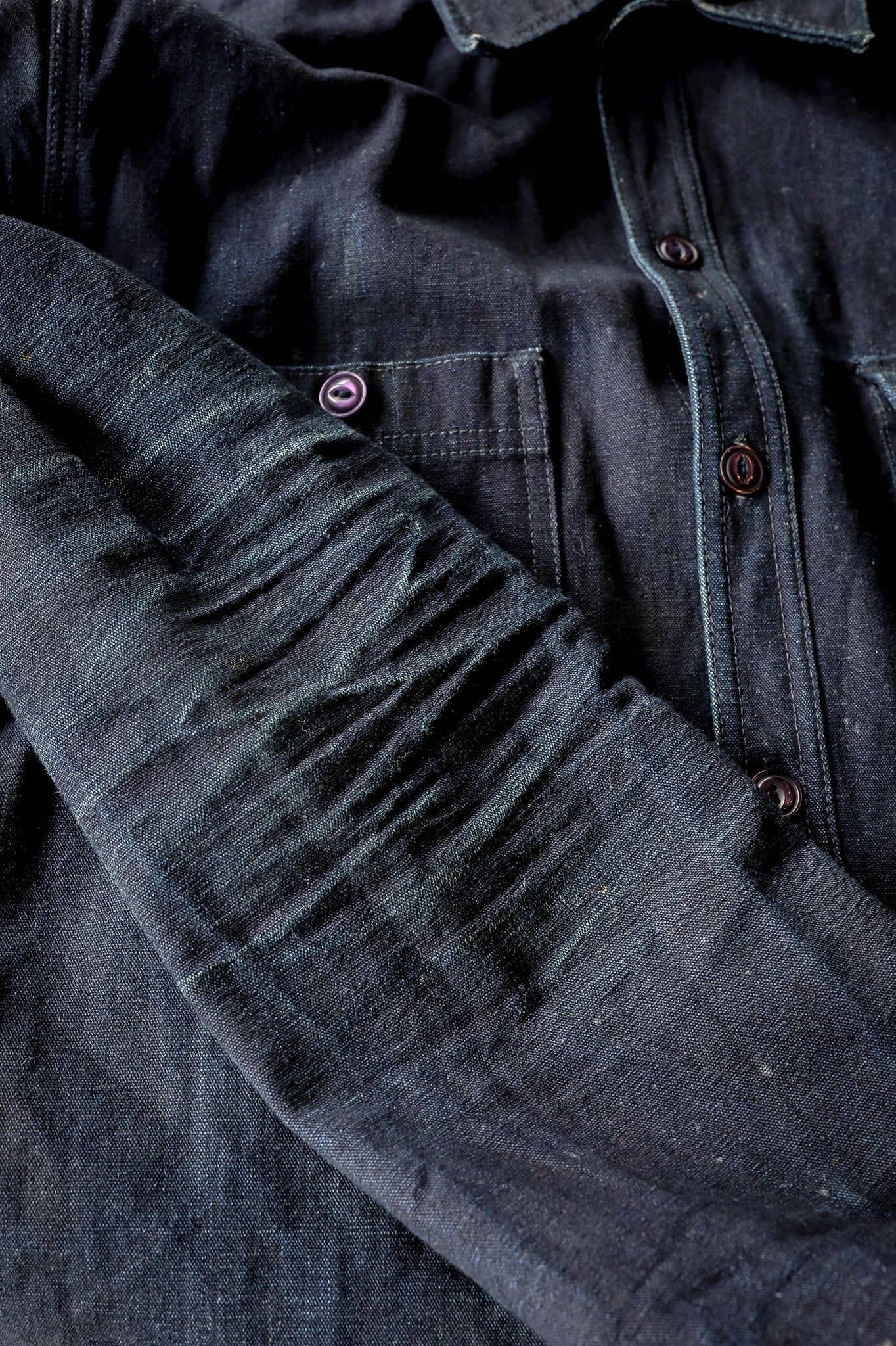 close-up of dark indigo denim jacket sleeve and front with visible buttons and pocket stitching