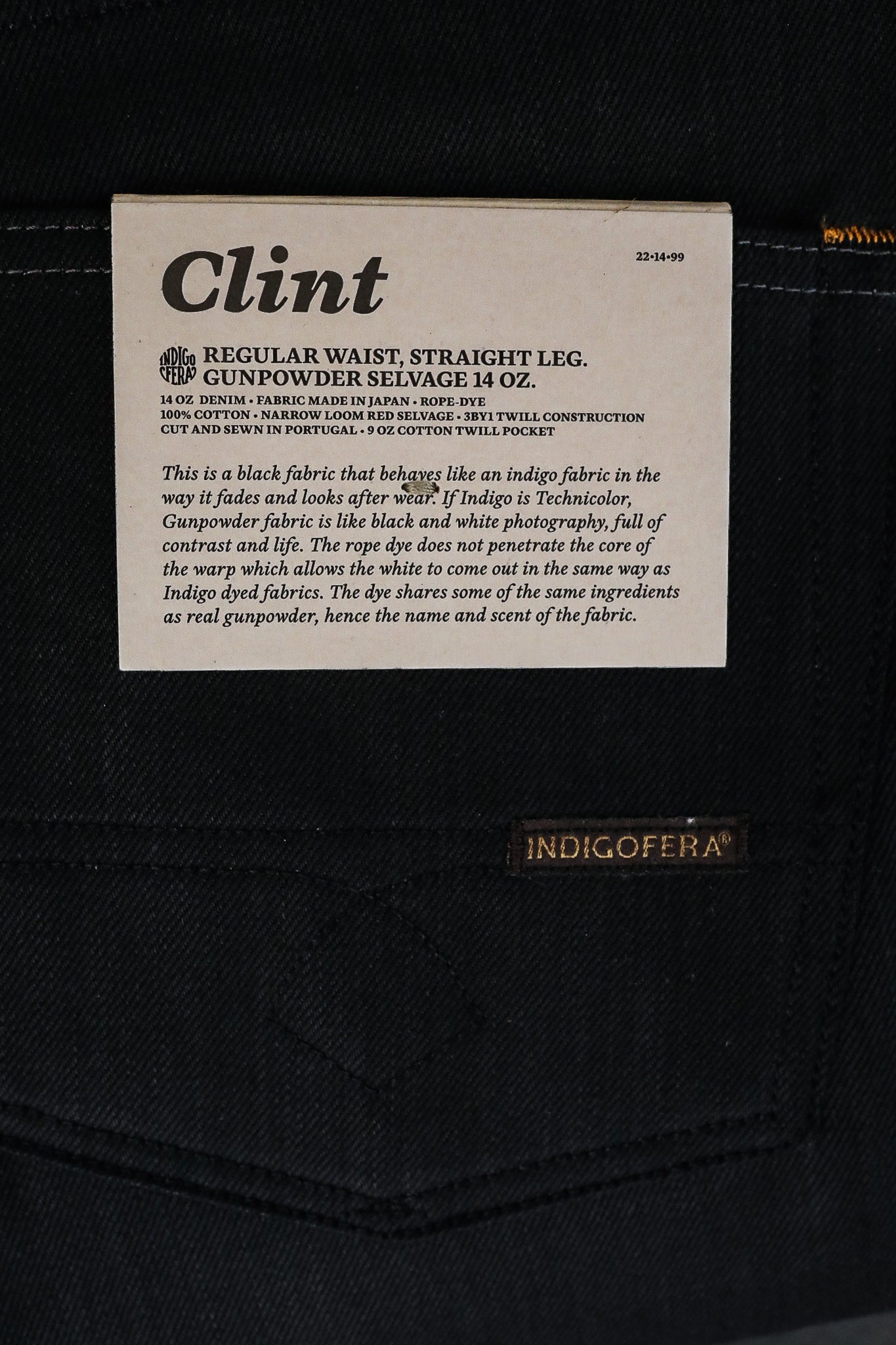 Label on black Indigofera Clint jeans detailing regular waist, straight leg, gunpowder selvage 14 oz denim fabric