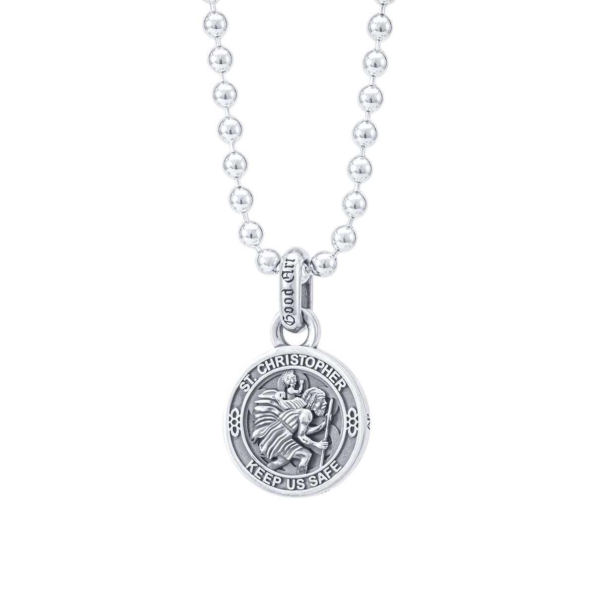 Sterling silver St. Christopher pendant necklace with round bead chain and engraving, 'Good Art' and 'Keep Us Safe'