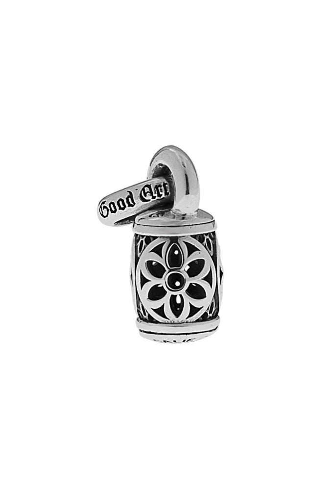 Good Art silver baby barrel pendant with intricate floral design and engraved logo