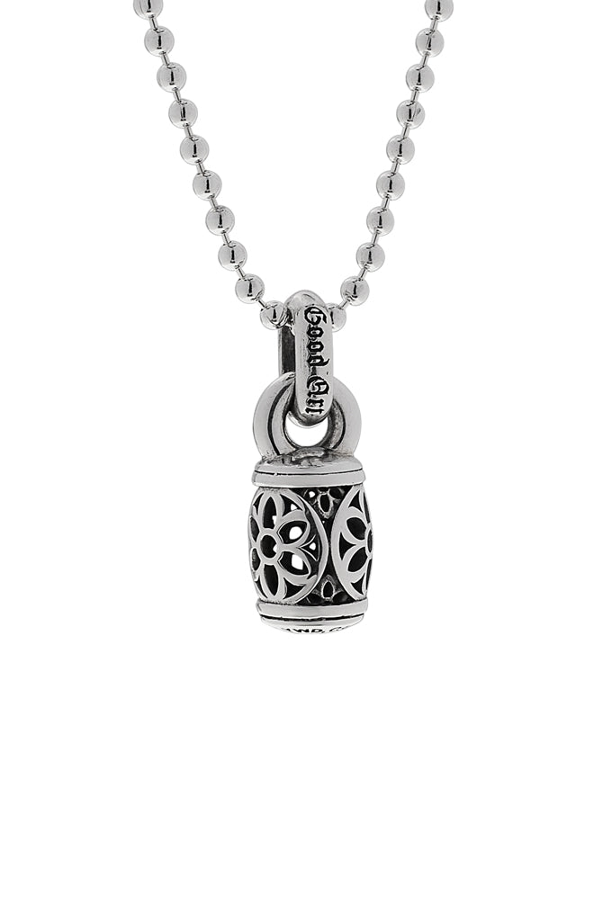 Good Art Baby barrel pendant necklace with floral cutout design on silver chain