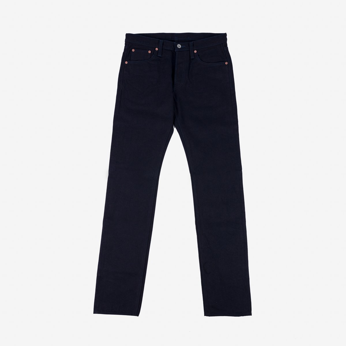 Iron Shop Provisions slim fit dark navy denim jeans with copper rivets, front and back pockets on white background
