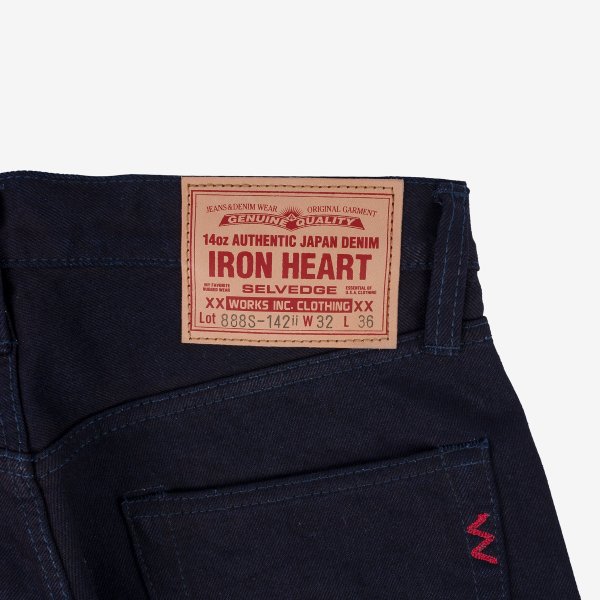 Iron Heart 14oz authentic Japan selvedge denim jeans with leather patch and red stitching detail