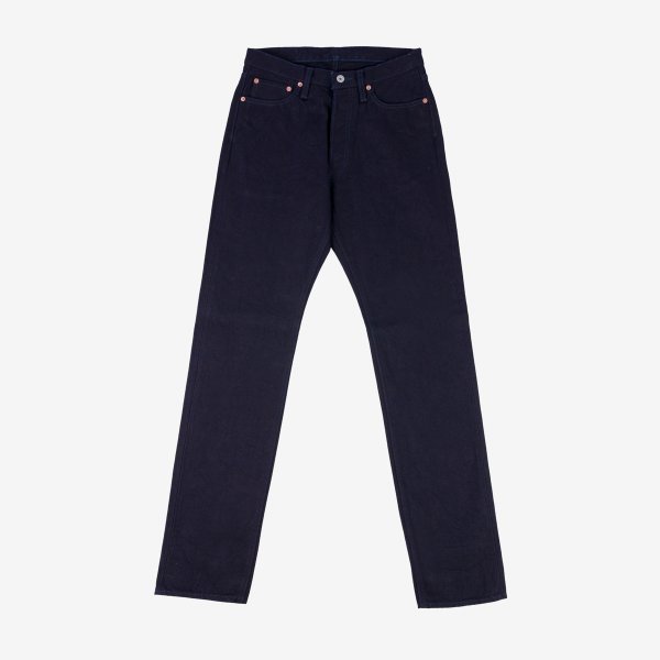 Dark navy blue straight-leg jeans with classic five-pocket design and copper rivets