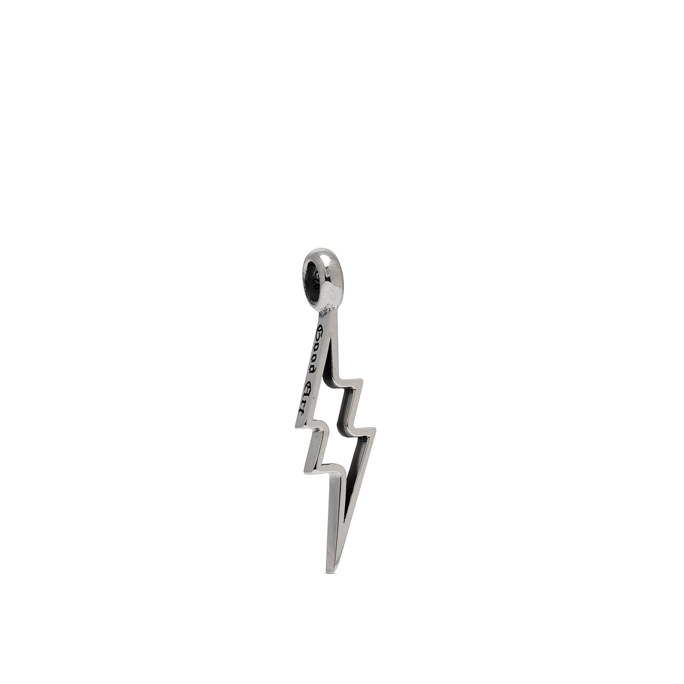 Sterling silver lightning bolt pendant charm with engraved text on side isolated on white