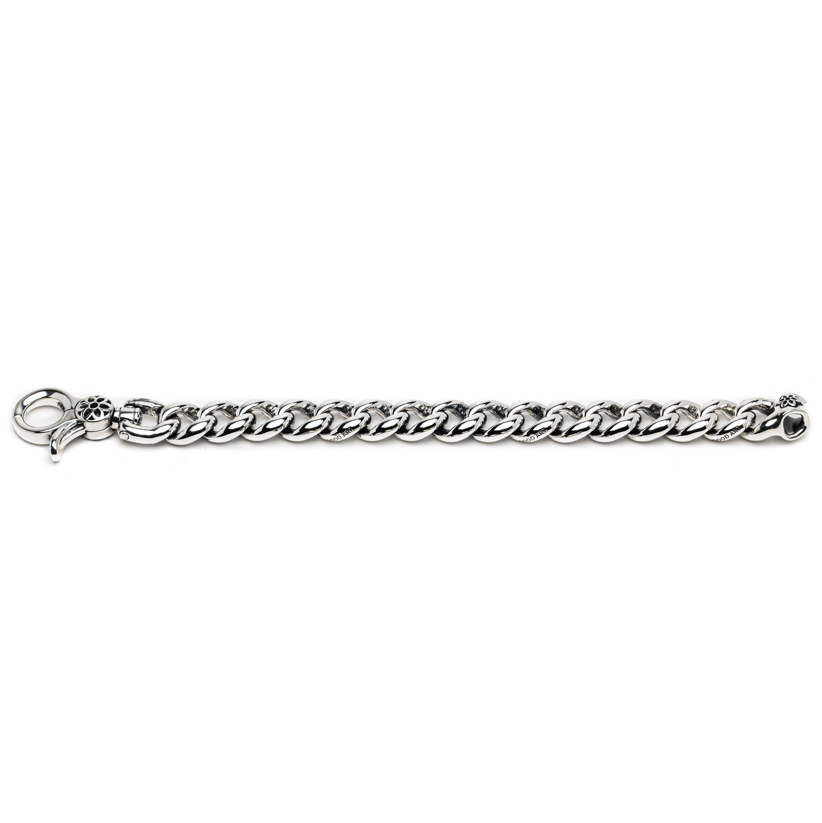 Silver shorty wallet chain with floral clasp detail on white background