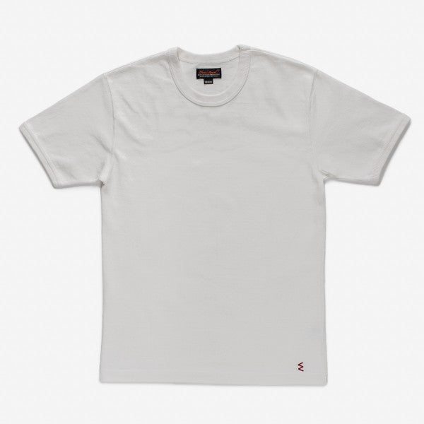 Plain white short-sleeve crew neck t-shirt with small red embroidered logo near hem, shown on white background