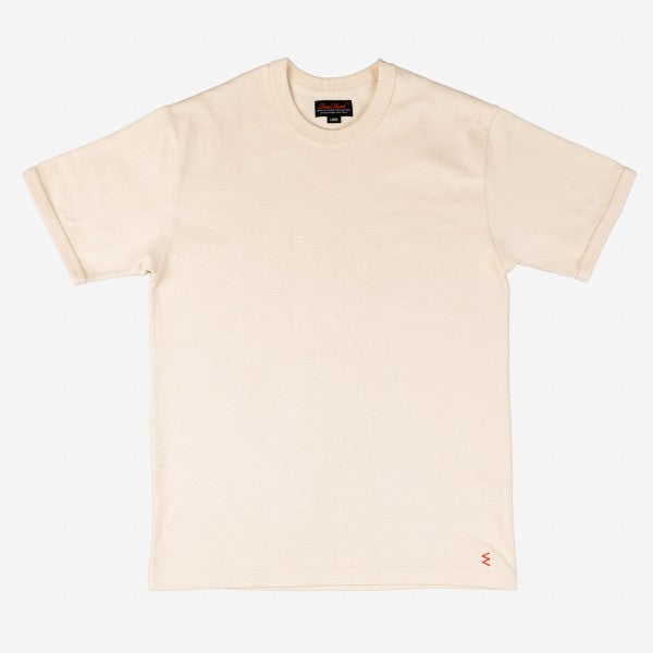 Iron Shop Provisions cream beige short-sleeve crewneck t-shirt with small red logo near hem