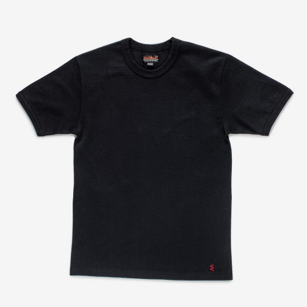 Black short-sleeve basic t-shirt with small red logo on lower front, displayed flat on white background