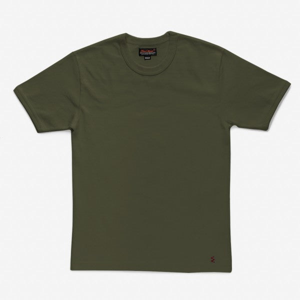 Olive green crew neck t-shirt with short sleeves and small embroidered detail at hem